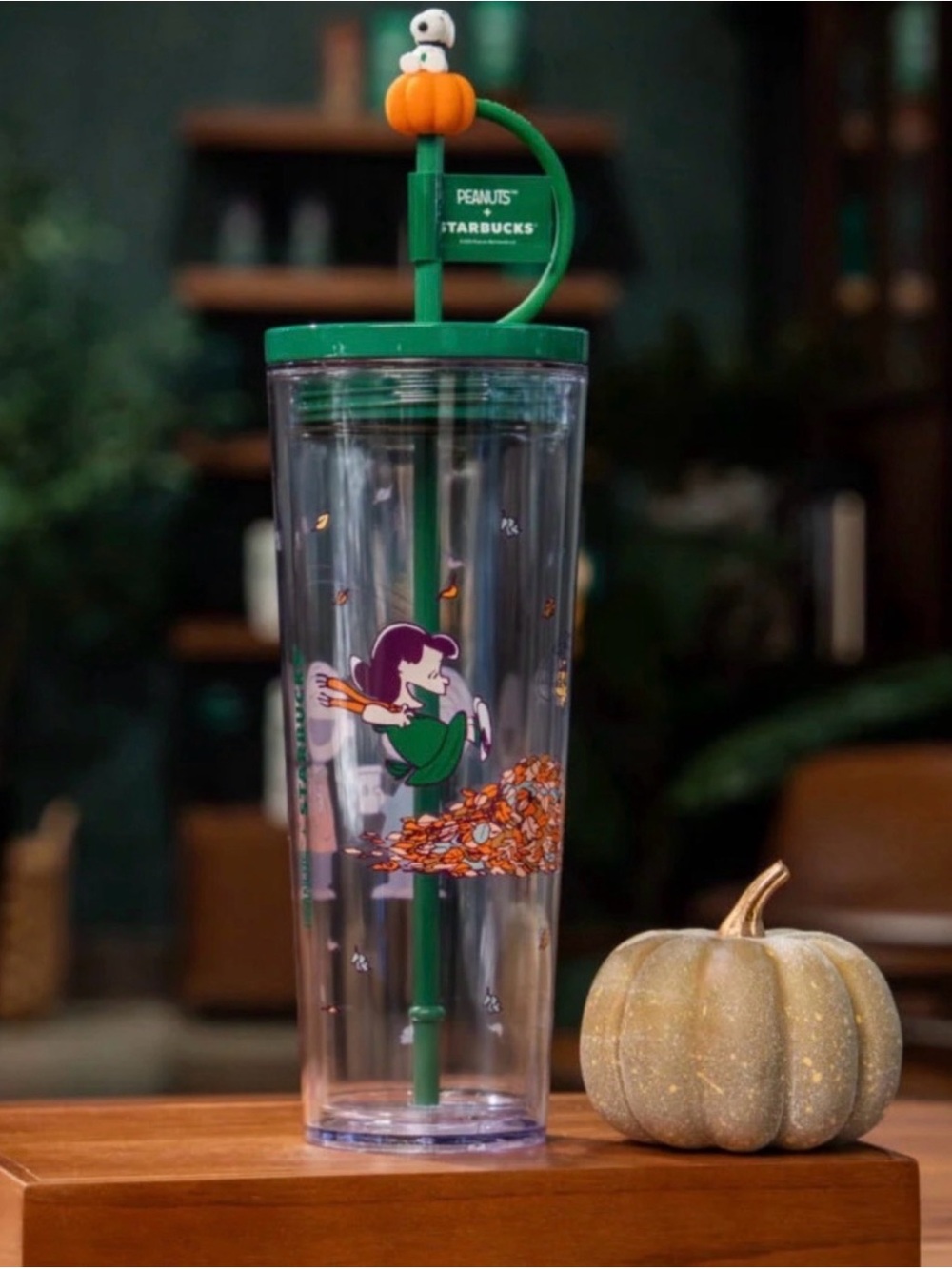 Starbucks Green Peanuts Pumpkin Topper Reusable Tumbler